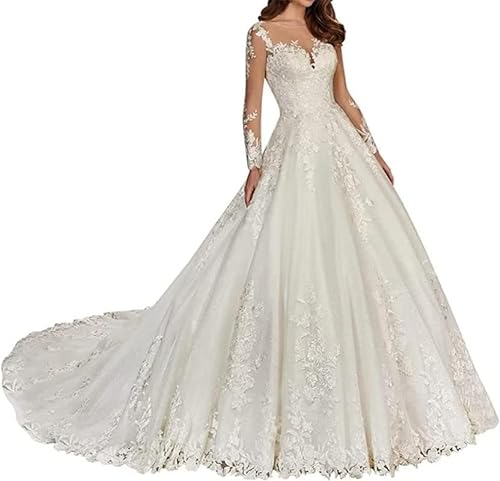 ASMWVND Prinzessin Langarm Tüll Brautkleider Spitze Brautmode A-Linie Hochzeitskleid mit Schleppe, Weiß, 38 von ASMWVND