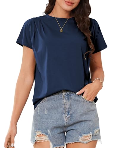 ASOMI Damen Blusen Plissee Kurzarm: Sommer Frühling Lässig Tops Hawaii Mode Shirt Elegant Urlaub Tunika Strand Moderne Hemd Loose Locker V-Ausschnitt Oberteile 87Marineblau XL von ASOMI