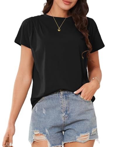 ASOMI Damen Blusen Plissee Kurzarm: Sommer Frühling Lässig Tops Hawaii Mode Shirt Elegant Urlaub Tunika Strand Moderne Hemd Loose Locker V-Ausschnitt Oberteile 87Schwarz XL von ASOMI