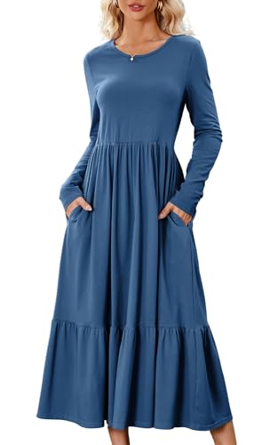 ASOMI Damen Kleid Elegant Langarm Dress Lang Sommerkleid Maxi Freizeitkleid mit Taschen Rundkragen Plissee Bequem Casual Lässig Blau Small von ASOMI