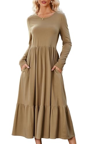 ASOMI Damen Kleid Elegant Langarm Dress Lang Sommerkleid Maxi Freizeitkleid mit Taschen Rundkragen Plissee Bequem Casual Lässig Khaki X-Large von ASOMI