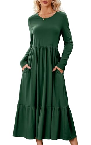 ASOMI Damen Kleid Elegant Langarm Dress Lang Sommerkleid Maxi Freizeitkleid mit Taschen Rundkragen Plissee Bequem Casual Lässig Grün Large von ASOMI