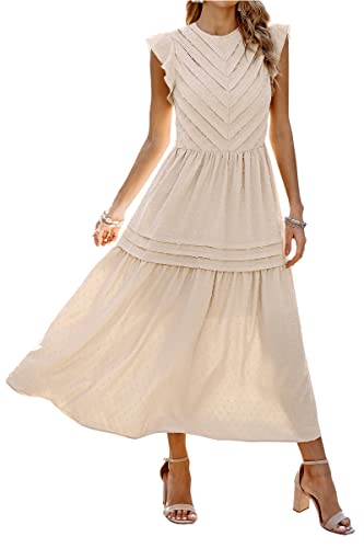 ASOMI Damen Kleid Elegant Sommerkleid Einzigartig Kappenärmel Freizeitkleid Swiss Dot Maxikleid Plissee Lang Einfarbig Aprikose X-Large von ASOMI