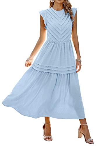 ASOMI Damen Kleid Elegant Sommerkleid Einzigartig Kappenärmel Freizeitkleid Swiss Dot Maxikleid Plissee Lang Einfarbig Hellblau X-Large von ASOMI