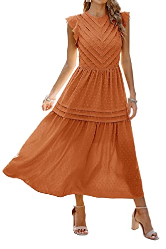 ASOMI Damen Kleid Elegant Sommerkleid Einzigartig Kappenärmel Freizeitkleid Swiss Dot Maxikleid Plissee Lang Einfarbig Orange Medium von ASOMI