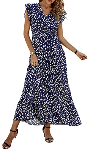 ASOMI Damen Kleider Langes Blumen: Hochzeit Strandkleid Boho Sommerkleid Lässig Wickelkleid Elegant Cocktailkleid Partykleid Swing V-Ausschnitt Kurz Flügelärmel Rüschen Maxikleid 23Marineblau L von ASOMI