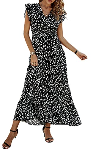 ASOMI Damen Kleider Langes Blumen: Hochzeit Strandkleid Boho Sommerkleid Lässig Wickelkleid Elegant Cocktailkleid Partykleid Swing V-Ausschnitt Kurz Flügelärmel Rüschen Maxikleid 23Schwarz S von ASOMI