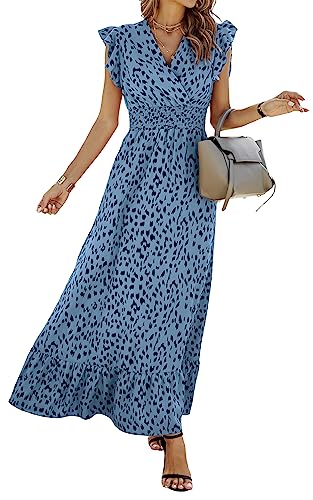 ASOMI Damen Kleider Langes Blumen: Hochzeit Strandkleid Boho Sommerkleid Lässig Wickelkleid Elegant Cocktailkleid Partykleid Swing V-Ausschnitt Kurz Flügelärmel Rüschen Maxikleid 24Gau Blau L von ASOMI