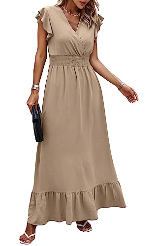 ASOMI Damen Kleider Langes Blumen: Hochzeit Strandkleid Boho Sommerkleid Lässig Wickelkleid Elegant Cocktailkleid Partykleid Swing V-Ausschnitt Kurz Flügelärmel Rüschen Maxikleid 24Khaki M von ASOMI