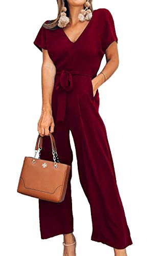 ASOMI Jumpsuit Damen Sommer Lang: Büro Tasche Mode Hawaii Overall Reißverschluss Lässig Elegant Urlaub Hosenanzug Gürtel Strand Kurzarm V-Ausschnitt Homewear Hohe Taille Weinrot M von ASOMI