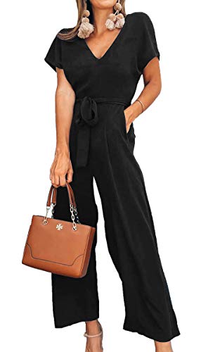 ASOMI Jumpsuit Damen Sommer Lang: Büro Tasche Mode Hawaii Overall Reißverschluss Lässig Elegant Urlaub Hosenanzug Gürtel Strand Kurzarm V-Ausschnitt Homewear Hohe Taille Schwarz M von ASOMI