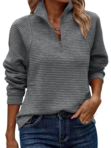 ASOMI Sweatshirt Damen Halber Reißverschluss: Herbst Langarm Top Winter Kleidung Elegant Teenager Tops Outdoor Baggy Lässig Locker Tunika Warm Casual Streetwear Jumper V-Ausschnitt Dunkelgrau M von ASOMI