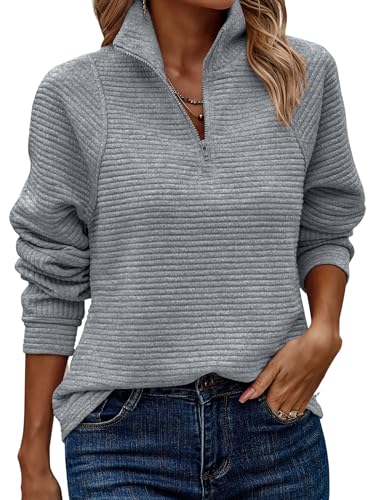 ASOMI Sweatshirt Damen Halber Reißverschluss: Herbst Langarm Top Winter Kleidung Elegant Teenager Tops Outdoor Baggy Lässig Locker Tunika Warm Casual Streetwear Jumper V-Ausschnitt Hanf Grau XL von ASOMI