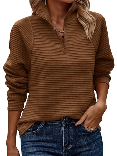 ASOMI Sweatshirt Damen Halber Reißverschluss: Herbst Langarm Top Winter Kleidung Elegant Teenager Tops Outdoor Baggy Lässig Locker Tunika Warm Casual Streetwear Jumper V-Ausschnitt Kaffe XL von ASOMI