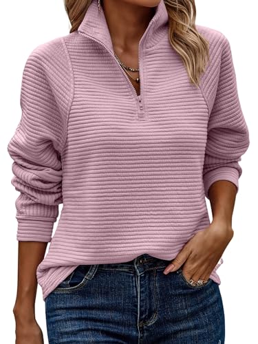 ASOMI Sweatshirt Damen Halber Reißverschluss: Herbst Langarm Top Winter Kleidung Elegant Teenager Tops Outdoor Baggy Lässig Locker Tunika Warm Casual Streetwear Jumper V-Ausschnitt Rosa L von ASOMI