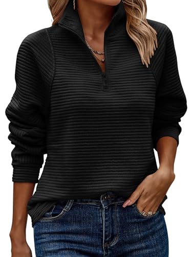 ASOMI Sweatshirt Damen Halber Reißverschluss: Herbst Langarm Top Winter Kleidung Elegant Teenager Tops Outdoor Baggy Lässig Locker Tunika Warm Casual Streetwear Jumper V-Ausschnitt Schwarz L von ASOMI