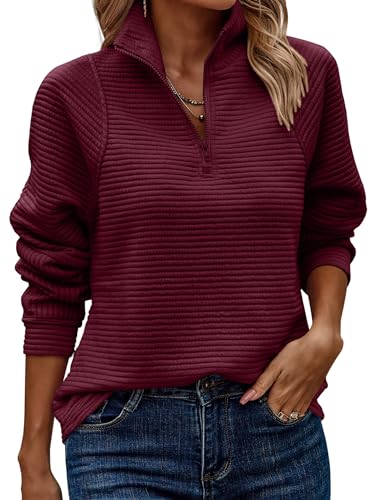 ASOMI Sweatshirt Damen Halber Reißverschluss: Herbst Langarm Top Winter Kleidung Elegant Teenager Tops Outdoor Baggy Lässig Locker Tunika Warm Casual Streetwear Jumper V-Ausschnitt Weinrot XL von ASOMI