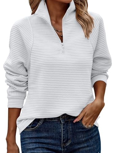 ASOMI Sweatshirt Damen Halber Reißverschluss: Herbst Langarm Top Winter Kleidung Elegant Teenager Tops Outdoor Baggy Lässig Locker Tunika Warm Casual Streetwear Jumper V-Ausschnitt Weiß XL von ASOMI