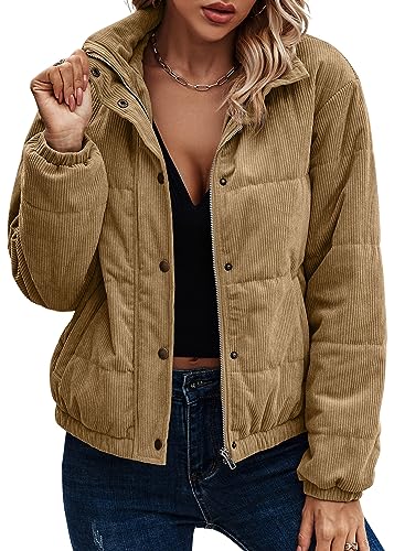 ASOMI Jacke Damen Winter Herbst Cordjacke Fleecejacke Causal Langarm Übergangsjacke Mode Mantel Reißverschluss Steppjacke Outwear mit Tasche 404 Khaki 38 von ASOMI