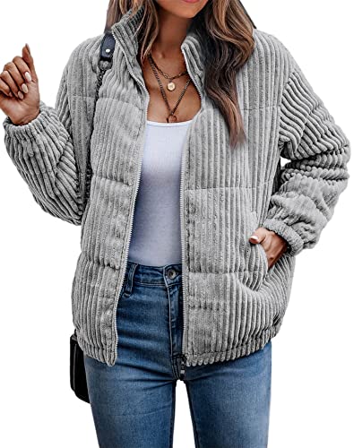 ASOMI Jacke Damen Kuschelige Fleecejacke Übergangsjacke Gefüttert Langarm Reißverschluss Herbst-Wintermantel mit Taschen AA Grau Small von ASOMI