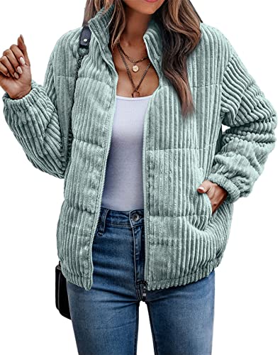 ASOMI Jacke Damen Kuschelige Fleecejacke Übergangsjacke Gefüttert Langarm Reißverschluss Herbst-Wintermantel mit Taschen Blau Grün Medium 1 von ASOMI