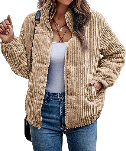 ASOMI Jacke Damen Kuschelige Fleecejacke Übergangsjacke Gefüttert Langarm Reißverschluss Herbst-Wintermantel mit Taschen Hellkhaki Large von ASOMI