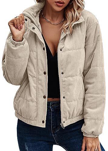 ASOMI Jacke Damen Winter Herbst Cordjacke Fleecejacke Causal Langarm Übergangsjacke Mode Mantel Reißverschluss Steppjacke Outwear mit Tasche 404 Beige 40 von ASOMI