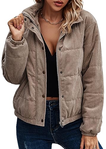 ASOMI Jacke Damen Winter Herbst Cordjacke Fleecejacke Causal Langarm Übergangsjacke Mode Mantel Reißverschluss Steppjacke Outwear mit Tasche 404 Hellkamelhaar 36 von ASOMI