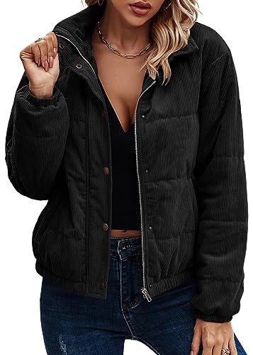 ASOMI Jacke Damen Winter Herbst Cordjacke Fleecejacke Causal Langarm Übergangsjacke Mode Mantel Reißverschluss Steppjacke Outwear mit Tasche 404 Schwarz 38 von ASOMI