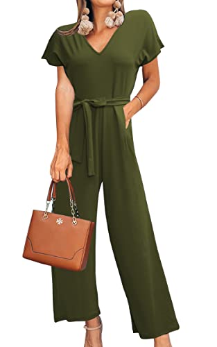 ASOMI Jumpsuit Damen Sommer Lang: Büro Tasche Mode Hawaii Overall Reißverschluss Lässig Elegant Urlaub Hosenanzug Gürtel Strand Kurzarm V-Ausschnitt Homewear Hohe Taille Armeegrün L von ASOMI