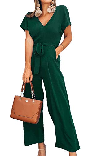 ASOMI Jumpsuit Damen Sommer Lang: Büro Tasche Mode Hawaii Overall Reißverschluss Lässig Elegant Urlaub Hosenanzug Gürtel Strand Kurzarm V-Ausschnitt Homewear Hohe Taille Grün L von ASOMI