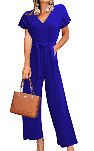 ASOMI Jumpsuit Damen Sommer Lang: Büro Tasche Mode Hawaii Overall Reißverschluss Lässig Elegant Urlaub Hosenanzug Gürtel Strand Kurzarm V-Ausschnitt Homewear Hohe Taille Königsblau S von ASOMI