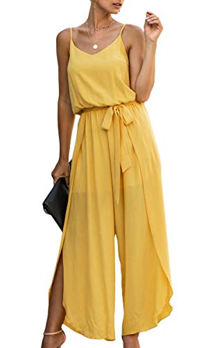 ASOMI Jumpsuit Damen Sommer Lang Strand Jumpsuit Damen Elegant Vintage Overall Damen Elegant Casual Hosenanzug Damen Festlich Hochzeit Weites Bein V-Ausschnitt Ärmellos Gürtel Schlitz Gelb L von ASOMI