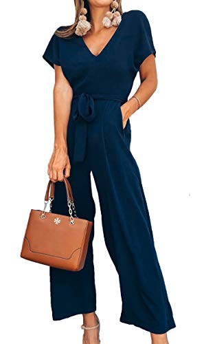 ASOMI Jumpsuit Damen Sommer Lang: Büro Tasche Mode Hawaii Overall Reißverschluss Lässig Elegant Urlaub Hosenanzug Gürtel Strand Kurzarm V-Ausschnitt Homewear Hohe Taille A-Navy Blau XL von ASOMI