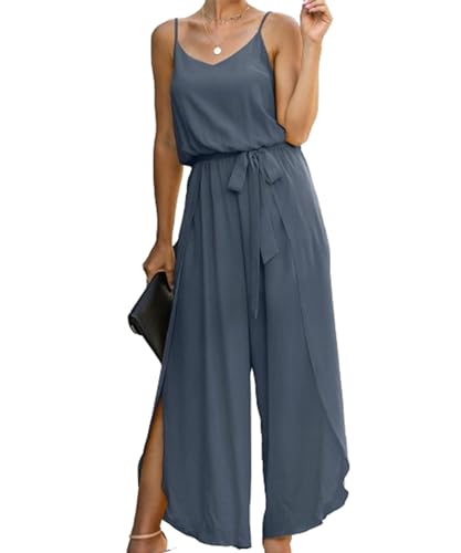 ASOMI Jumpsuit Damen Sommer Lang: Sexy Cocktail Elegant Mode Gürtel Overall Hochzeit Hawaii Urlaub Strand V-Ausschnitt Hosenanzug Business Baggy Festlich Spaghettiträger Outfit Grau Blau M von ASOMI