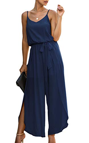 ASOMI Jumpsuit Damen Sommer Lang: Sexy Cocktail Elegant Mode Gürtel Overall Hochzeit Hawaii Urlaub Strand V-Ausschnitt Hosenanzug Business Baggy Festlich Spaghettiträger Outfit Navy blau 2XL von ASOMI