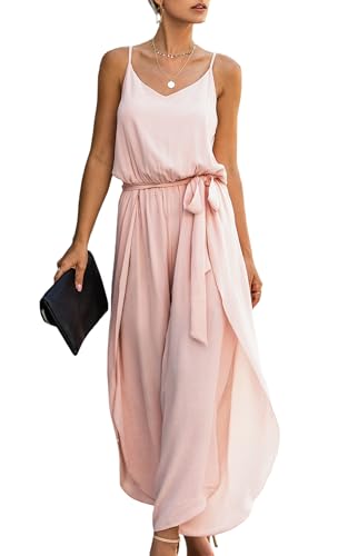 ASOMI Jumpsuit Damen Sommer Lang V-Ausschnitt Elegant Ärmellos Einteiler Overall Hosenanzug Playsuit Romper mit Gürtel Rosa 2XL1 von ASOMI