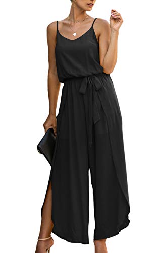 ASOMI Jumpsuit Damen Sommer Lang V-Ausschnitt Elegant Ärmellos Einteiler Overall Hosenanzug Playsuit Romper mit Gürtel Schwarz M von ASOMI