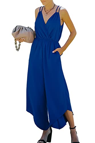 ASOMI Jumpsuit Damen Sommer Lang: Sexy Cocktail Elegant Mode Gürtel Overall Hochzeit Hawaii Urlaub Strand V-Ausschnitt Hosenanzug Business Baggy Festlich Spaghettiträger Outfit 3275Blau S von ASOMI