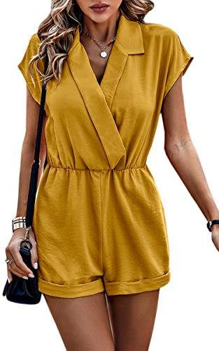 ASOMI Jumpsuit Damen Elegant Sommer Kurzarm Bluse und Kurz Hose V-Ausschnitt Strampler Revers Overall Hohe Taille Romper Gelb XL, CCEH3322_Y_XL von ASOMI