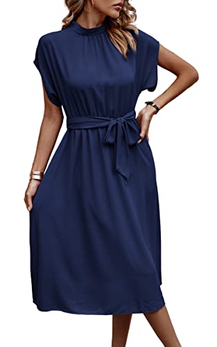 ASOMI Kleid Damen Elegant Casual Midikleid mit Taschen Flatterkurzarm Wickelkleid Stehkragen Einfarbig Maxikleid Lässig Sommer Freizeitkleid mit Gürtel 371-A Dunkelblau Small von ASOMI