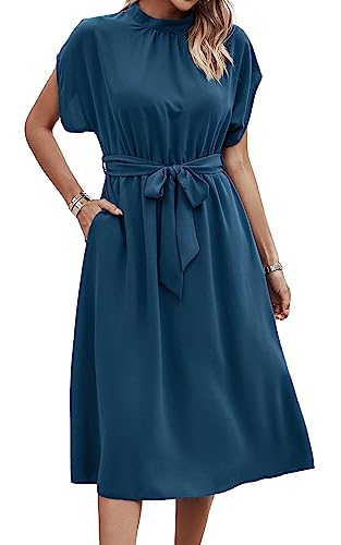 ASOMI Kleid Damen Elegant Casual Midikleid mit Taschen Flatterkurzarm Wickelkleid Stehkragen Einfarbig Maxikleid Lässig Sommer Freizeitkleid mit Gürtel 371-A Eisblau Small von ASOMI