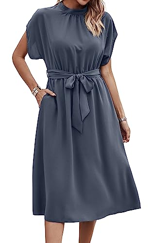 ASOMI Kleid Damen Elegant Casual Midikleid mit Taschen Flatterkurzarm Wickelkleid Stehkragen Einfarbig Maxikleid Lässig Sommer Freizeitkleid mit Gürtel 371-A Graublau Large von ASOMI