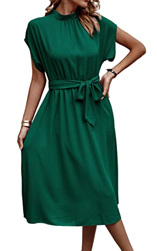 ASOMI Kleid Damen Elegant Casual Midikleid mit Taschen Flatterkurzarm Wickelkleid Stehkragen Einfarbig Maxikleid Lässig Sommer Freizeitkleid mit Gürtel 371-A Grün Large von ASOMI