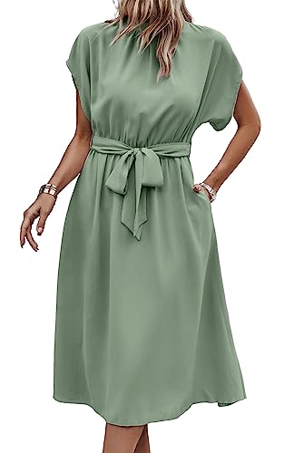 ASOMI Kleid Damen Elegant Casual Midikleid mit Taschen Flatterkurzarm Wickelkleid Stehkragen Einfarbig Maxikleid Lässig Sommer Freizeitkleid mit Gürtel 371-A Hellgrün Large von ASOMI