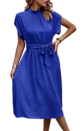 ASOMI Kleid Damen Elegant Casual Midikleid mit Taschen Flatterkurzarm Wickelkleid Stehkragen Einfarbig Maxikleid Lässig Sommer Freizeitkleid mit Gürtel 371-A Knallblau Medium von ASOMI