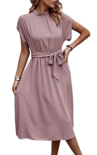 ASOMI Kleid Damen Elegant Casual Midikleid mit Taschen Flatterkurzarm Wickelkleid Stehkragen Einfarbig Maxikleid Lässig Sommer Freizeitkleid mit Gürtel 371-A Lotoswurzelrosa Large von ASOMI