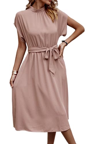 ASOMI Kleid Damen Elegant Casual Midikleid mit Taschen Flatterkurzarm Wickelkleid Stehkragen Einfarbig Maxikleid Lässig Sommer Freizeitkleid mit Gürtel 371-A Rosa Medium von ASOMI