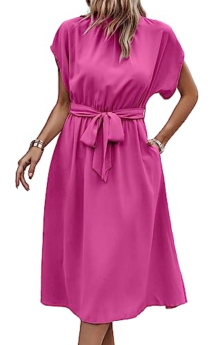 ASOMI Kleid Damen Elegant Casual Midikleid mit Taschen Flatterkurzarm Wickelkleid Stehkragen Einfarbig Maxikleid Lässig Sommer Freizeitkleid mit Gürtel 371-A Rosarot Medium von ASOMI