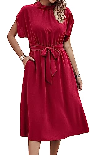 ASOMI Kleid Damen Elegant Casual Midikleid mit Taschen Flatterkurzarm Wickelkleid Stehkragen Einfarbig Maxikleid Lässig Sommer Freizeitkleid mit Gürtel 371-A Rot Large von ASOMI